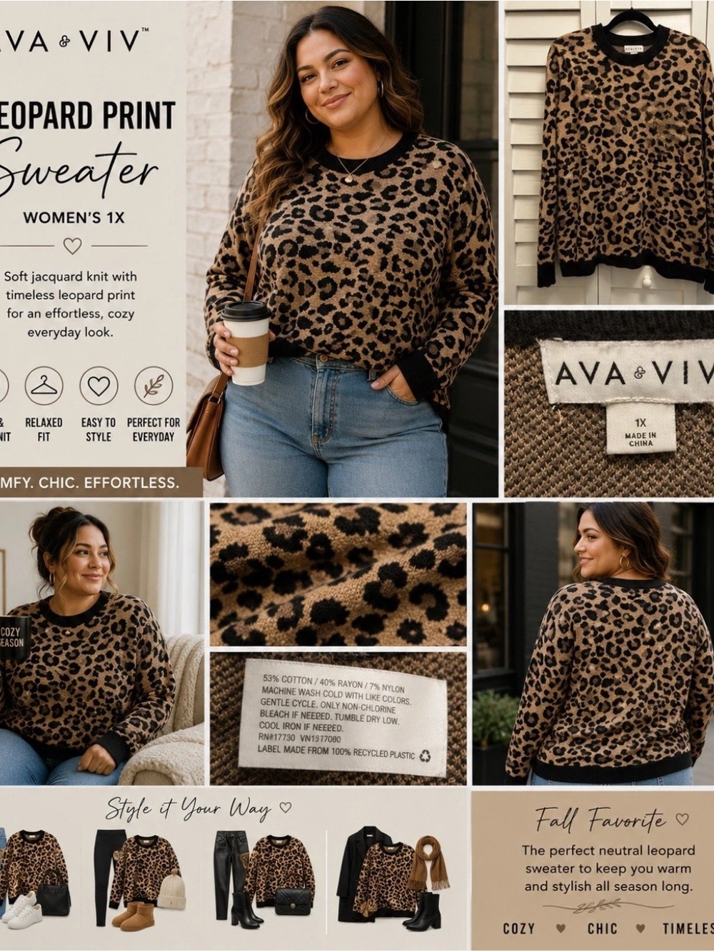 Ava & Viv Sweater 1X Tan Black Leopard Print Jacquard Cozy Cottagecore Soft Chic